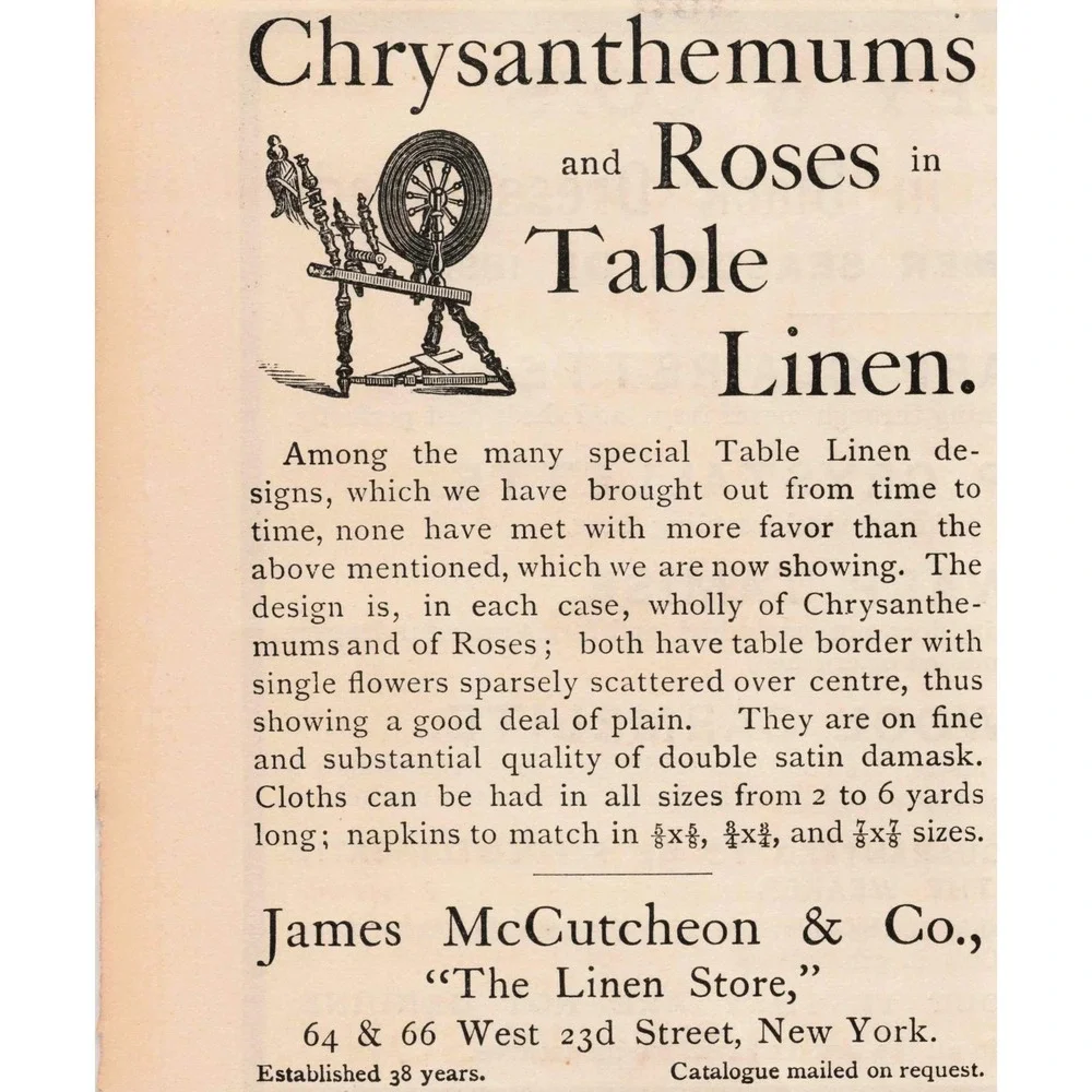 1891 James McCutcheon & Co Table Linen Chrysanthemums Roses Damask Print‎ Ad